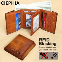 ราคา Mens Genuine Leather Trifold Wallet With ID Window First Layer Cowhide RFID Blocking Vintage Wallet Multi Function Credit Card Holder Money Clips Gifts For Him (20474543686)