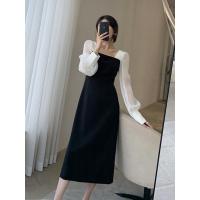 ราคา Fall new Stitching Sleeves Black White Contrasting Color Dress Womens Mid Length Square Collar Jum (11374284096)