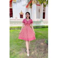 ราคา เดรสผ้าฝ้ายผ้าไทย เดรสสีชมพู อัดกาวทั้งชุด ซิปซ่อนหลัง (20910687176)