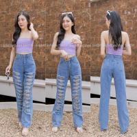 ราคา กางเกงยีนส์แต่งขาดผู้หญิง ส่งเร็ว กางเกงยีนส์ผู้หญิง ทรงกระบอก เอวสูง ฟอกขาด สีอ่อน (21050469822)