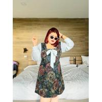 ราคา 113 B ชุดเดรส plus size เดรสแขนยาว เดรสออกงานสาวอวบ โบว์หน้าผ้าทอลายดอก งานหรูมาก (16399826968)