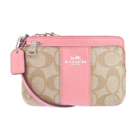ราคา กระเป๋าคล้องมือ COACH แท้ 2 ซิป Coated Canvas ลาย Signature ขนาดเล็ก COACH 52853 Small Double Zip Signature Coated Canvas Wristlet Pink (21044294054)
