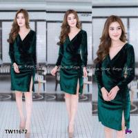 ราคา TW11672 เดรสกำมะหยี่ อกไขว้ (1515712689)