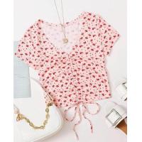 ราคา พร้อมส่งด่วนจากไทย ป้าย SHEIN เสื้อยืด ครอป สีชมพู ลายดอกไม้ คอวี ผูกโบว์ด้านหน้า น่ารัก Cop 048 (17842837383)