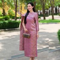 ราคา ชุดผ้าไหม เดรสผ้าไหม ชุดออกงาน ชุดไปงาน ชุดทำบุญ เดรส มณีจันทร์ ผ้าไหม ลายแพรวา ทรงสไบข้าง (20218173397)