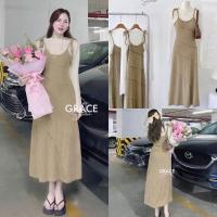 ราคา set 2 pcs เสื้อแขนยาว โทนสีครีม มาพร้อมเดรสสายเดี่ยวผูกไหล่ งานผ้าไหมพรม โทนสีน้ำตาล มีเข็มกลัดอักษรติดมาที่อก ผ้านุ่มนิ่ม พริ้วสวยค่า (20974291417)