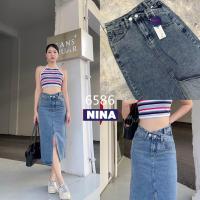 ราคา ℬ? ? ? ? ? ? ? ? ? ? ? ? กระโปรงยีนส์ทรงสอบ เอวสูง แต่งผ่าหน้า แต่งขอบเอวเฉียง Nina 6586 (19887342895)