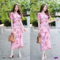 ราคา B11788 เดรสยาว ลายดอก โบว์ผูกรูด Long dress floral print bow tie (11675920789)