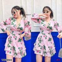 ราคา ส่งไว M18502 Jumpsuit จั้มสูทกางเกง กระโปรงขาสั้น คอวี แขนยาว ผ้าไหมอิตาลี่ พิมพ์ลายดอกกุหลาบ มีซิปซ่อนหลัง เอวเย็บติดสายผูก สามารถใส่เป็น everyday looks (18059401084)