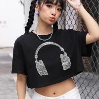 ราคา Trendique เสื้อผู้หญิงเสื้อเอวลอย สำหรับผู้หญิงสำหรับผู้หญิงชุดหูฟังคอกลมพิมพ์ลาย หลวม เสื้อเอวลอย เสื้อครอปหญิง สีดำ (21050704771)