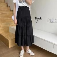 ราคา COD SDFSDRGBWWW Women Chiffon Skirts Vintage High Waist Elastic Patchwork White Black Chic Long Cake A line Skirt for Student (20244009599)