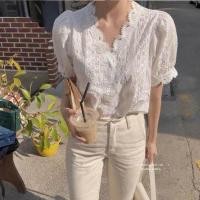 ราคา เสื้อลูกไม้คอวีแขนสั้นผู้หญิง เสื้อแฟชั่น เสื้อลูกไม้สีขาว ฤดูร้อนใหม่เกาหลี (8165910743)