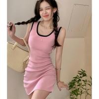 ราคา DSAE Fashion เสื้อไหมพรมสีชมพูไหมพรมแขนสั้นสวีทสลีปสลิมกระโปรง (19877461342)