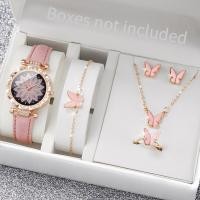 ราคา Fashion Women Flower Dial Quartz Watch Leather Band Wristwatches Butterfly Jewelry Set (21052876789)