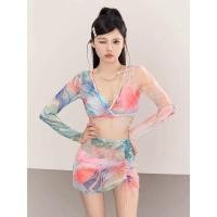 ราคา ชุดว่ายน้ำผู้หญิง ชุดว่ายน้ำแฟชั่น เซ็ต 4 ชิ้น บิกินี่ เสื้อคลุมแขนยาว และกระโปรงผ้าตาข่ายซีทรู สีสันสดใส (19274697016)