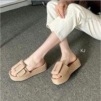 ราคา พร้อมส่งจากไทย KK005 รองเท้าสาน รองเท้าส้นตึก รองเท้าผู้หญิง หน้าเข็มขัด (7724748260)