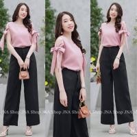 ราคา เซ็ท 2 ชิ้น ผ้าซาร่า เสื้อแขนกุดผูกแขน กางเกงขายาวเอวสม็อคหลัง ฟรีไซส์ (19726194937)