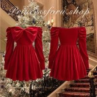 ราคา เดรสสั้น แขนยาว สีแดง แต่งโบว์ ชุดคริสมาสต์ แฟชั่นเวียดนาม (20992892658)
