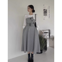 ราคา D206 เดรสกระโปรงยาวสไตล์ญี่ปุ่น ทูโทนขาวดำ มาพร้อมเข็มขัดผ้า (20851622842)
