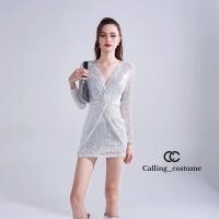 ราคา CALLING COSTUME เดรสสีขาวปักเลื่อมสีเงินทั้งชุด ผ้ายืด ใส่สบาย มีซับ ไม่คันค่ะ มีซิปซ่อน ม้วนหน้า Dress CL321 (20791620208)