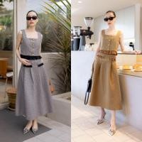 ราคา เซต 2 ชิ้น เสื้อครอปแขนกุด กระโปรงยาว ลายตาราง แต่งชายระบาย VSHOP (21191446214)