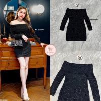 ราคา เดรสสั้นปาดไหล่แขนยาว ดีเทลเนื้อผ้ายืดเข้ารูป แต่งคริสตัลติดกระจายทั้งชุด (20311293571)