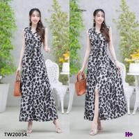 ราคา TW20054 เดรสปกเชิ้ตแขนกุด ลายเสือติดกระดุมสีดำด้านหน้าแหวกได้ (20776108981)