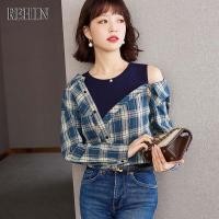 ราคา REHIN เสื้อเชิ้ตสตรีลายสก็อตไม่มีสายเสื้อเปิดไหล่ลำลองแขนยาว (12781091055)