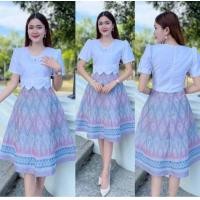 ราคา ชุดเดรสผ้าไทย เสื้อขาวตัดต่อผ้าทอลายไทยอัดกาว ขอบเอวหยัก แต่งโบว์ ซิปซ่อนด้านหลัง (21024588140)