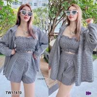 ราคา TW17470 Set 3 ชิ้น เสื้อเชิ้ตแขนยาวลายสก็อต เกาะอก กางเกงขาสั้นลายสก็อต (14248862337)