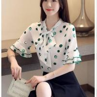ราคา เสื้อเชิ้ตลายจุดหวานของผู้หญิงเสื้อชีฟองแขนสั้นลายจุดลายใบไม้ตุ๊กตาปกใบบัวสไตล์เกาหลีฤดูร้อน (11833542155)