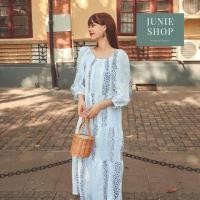 ราคา JUNIE SHOP เดรสเกาหลี เดรสลูกไม้ฉลุทั้งตัว ผ้าพิมพ์ลายดอกไม้เล็กๆ สลับสีฟ้าอ่อน กรม แขน3 ส่วนจับจีบย่น ส่งฟรี (18102658207)