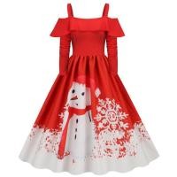 ราคา Christmas Print Dress Printed off Shoulder Christmas Dress Fashionable Long Sleeve Dress Chic Vintage Dress for Outdoor Indoor Women feasible (20788726475)