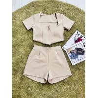 ราคา เซ็ตแขนสั้นผ้าโรเชช ผ้าเทพ เซ็ตแขนสั้นซิปหน้า เสริมฟองน้ำ กางเกงขาสั้น ดึงยางซิปหลัง (17649064316)