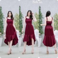ราคา เดรสผ้าซาร่า คอรูดหน้าสายผูกไหล่ ด้านหลังยางยืดผ่าหน้าไขว้ต่อระบายชายเป็นหางปลา ฟรีไซส์ (19726224641)