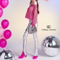 ราคา CALLING COSTUME เสื้อปาดไหล่เลื่อม สีสวย แมชกับกางเกงเอวสูงสีเงิน จับจีบเก๋ ผ่าปลายขาด้านใน Crop CL328 Pants CL329 (20692520249)