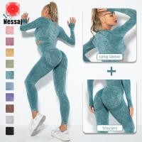 ราคา Nessaj Cropped Top ชุดอุปกรณ์ออกกำลังกายไม่มีรอยต่อผู้หญิงออกกำลังกายโยคะชุดชุดออกกำลังกายดัน Leggings ชุดกีฬาผู้หญิงชุดออกกำลังกาย (8080824669)