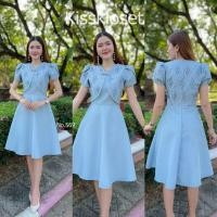 ราคา Kety Smile ชุดเดรสผ้าทอลาย แต่งกั๊กติดโบว์ แขนกลีบบัว กระโปรงบานทรงย้วย อัดกาวทั้งชุด น่ารักมากกก S 2XL N569 (21179047874)