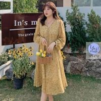 ราคา เดรสยาวสาวอวบ อก 38 50 นิ้ว เดรสชีฟองแขนยาว พิมพ์ลายดอกไม้ คอวีแต่งกระดุมจริง สีน้ำตาลเหลือง YPS 170 (19835848159)