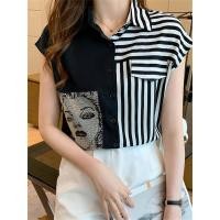 ราคา เสื้อเชิ๊ตผู้หญิงแขนสั้น แฟชั่น ผ้าไหมอิตาลีพรีเมี่ยม ผสมชีฟอง ปักหมุดเพชรรูปหน้าสีขาวดำ ใส่แล้วสวยมาก รุ่น ฮาฟดำลายทาง (20532563433)