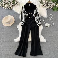ราคา จั๊มสูทขาตรงแขนยาวสำหรับผู้หญิงจั๊มสูทคอวีลายทางแฟชั่นเอวสูงขากว้างสำหรับฤดูใบไม้ผลิฤดูใบไม้ร่วง (21064304240)