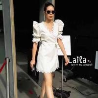 ราคา เดรสสั้น คอวี ทรงป้าย แขนสั้น ขอบลูกไม้ (16730173098)