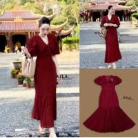 ราคา WILA WL016 ชุดเดรสยาวทรงคอปกสายเหลี่ยมมีเชือกผูกโบว์ที่อกทรงคอวี (20977219406)