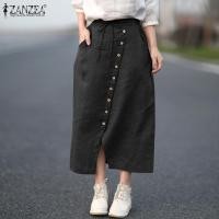 ราคา จัดส่งฟรี Esolo ZANZEA กระโปรงยาวผ้าฝ้ายคาร์โก้วินเทจของผู้หญิงชุดลำลอง Maxi เอวยางยืดทรงหลวมกระโปรงยาวแบบผ่าหน้า 8 (20697259650)