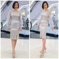 ราคา S 3XL ชุดราตรี เดรสผ้าดัชเชสอัดกาว แต่งแขนพองผ่าแก้วลายจุดซีทรู ปังๆไปเลยจ้า (4391600012)