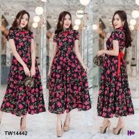 ราคา TW14442 เดรสยาวคอจีนชายระบายลายดอก (12055798424)