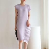 ราคา 3450 One Size 45 75kg Rice Grain Pleated round Neck Short Sleeve Slim Fit Slimming Summer A line Dress (20708137613)