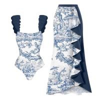 ราคา 2pcs set Retro Print Ruffle Edge Swimsuit Two Piece With Skirt Slim Bikini Suit Slash Neck Backless Swimwear Women Holiday Beach Cover up (19892249112)