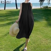 ราคา เคลียร์สต๊อกขาย จัดส่งฟรี Esolo ZANZEA ชุดกระโปรงยาวประมาณเข่าชายหาดจีบแขนกุดสไตล์เกาหลีสำหรับผู้หญิงชุดเดรสลำลองวันหยุดธรรมดา KRS 10 (19530113562)