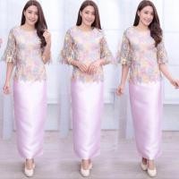 ราคา set เสื้อลูกไม้สามโทนสีแขนกระดิ่ง กระโปรงผ้าไหมเทียมทรงสอบ (533724225)